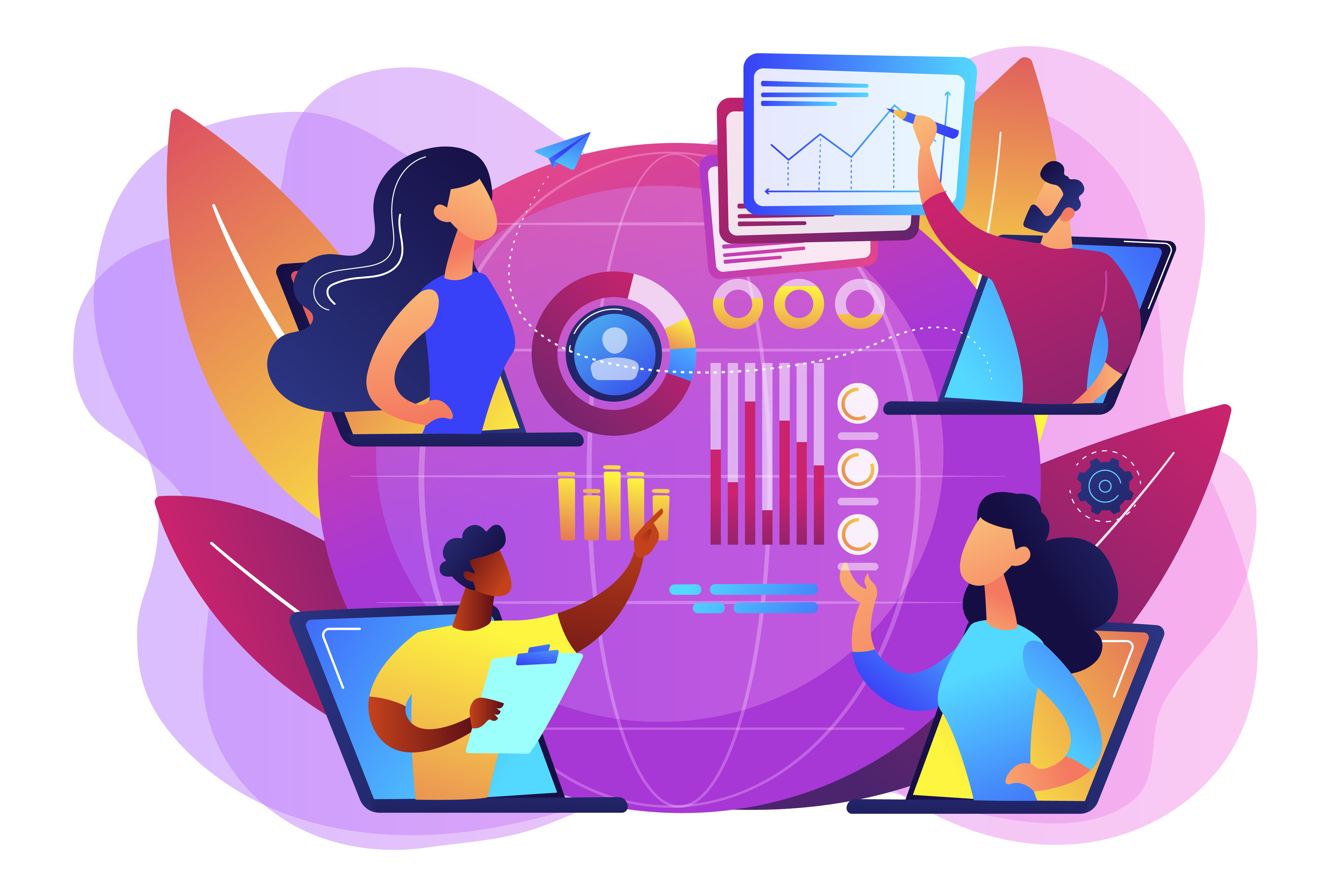 Digital education, internet conference. Online tech talks, technical topics presentations, tech webinars, live technology demonstration concept. Bright vibrant violet vector isolated illustration